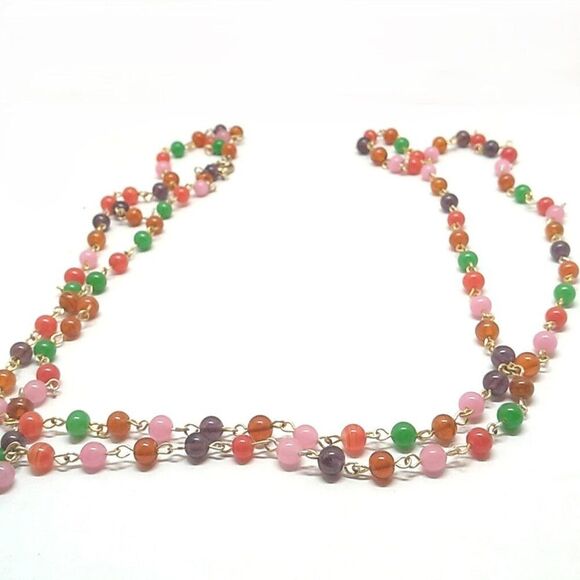 Long Multi-color Small Glass Beaded Necklace 46 inches Spring Ring - Picture 9 of 14